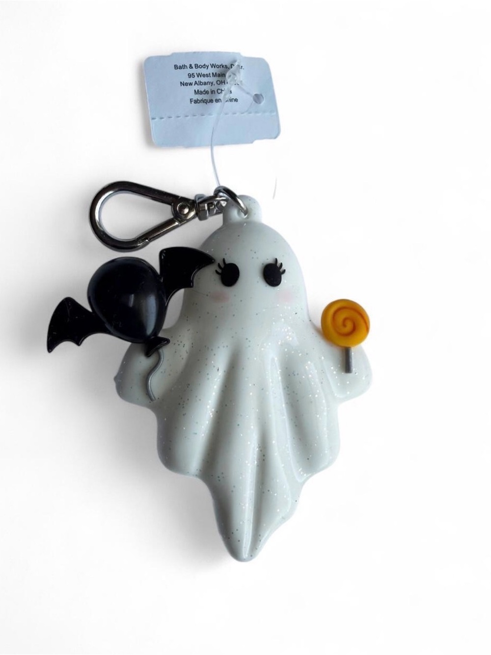 Bath & Body Works White Ghost Keychain with Black Bat and Yellow Lollipop Charm